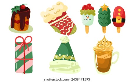 Christmas Items Set. Winter New Year elements. Vector hand draw illustration