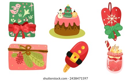 Juego de artículos de Navidad. Elementos de invierno de Año Nuevo. Ilustración de dibujo de mano vectorial