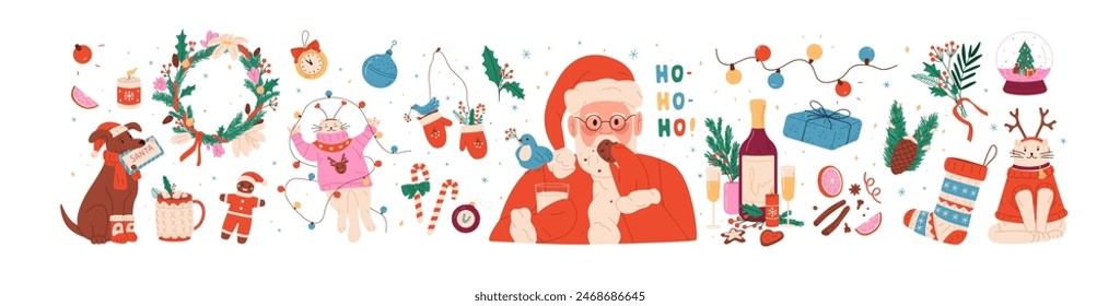 Navidades de artículos establecidos. Símbolos de Navidad. Elementos de diseño de Nuevo año. Lindo gato con guirnalda, feliz Papá Noel, regalos de vacaciones, corona de abeto, muérdago. Ilustraciones vectoriales aisladas planas sobre fondo blanco