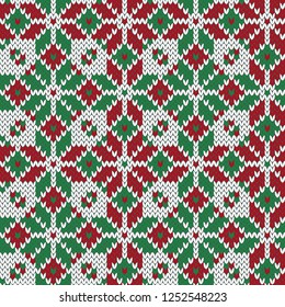 Christmas jacquard seamless pattern.  Knitted green, red and white winter background. Vector illustration.