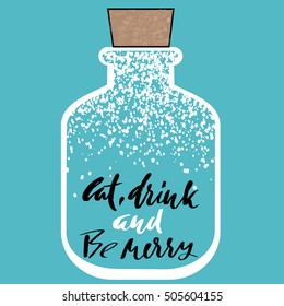 Christmas jar with snow. Greeting card with christmas lettering in blue background. Xmas tin. Vector pot illustration