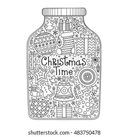 Christmas jar. Vector hand drawn jar with doodle Christmas elements. Winter objects - balls, snowflake, star, tree, sock, bell, gingerbread man, gifts, hearts, berries. Anti stress coloring page.