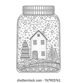 Christmas jar. Vector hand drawn jar with doodle winter elements. Winter objects - house, snowflakes, stars, tree, clouds. Anti stress coloring page for children and adults.