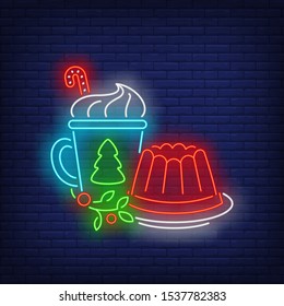 Christmas jelly and drink neon sign. Glowing neon dessert, cup. New year, Christmas, winter. Vector illustration in neon style for greeting card, invitation, announcement