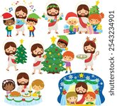 Christmas with Jesus and Kids Clipart Set. A collection of images of Jesus and children celebrating Christmas in a Christian Spirit, decorating a tree together, praying and opening presents.