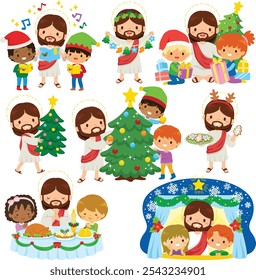 Christmas with Jesus and Kids Clipart Set. A collection of images of Jesus and children celebrating Christmas in a Christian Spirit, decorating a tree together, praying and opening presents.