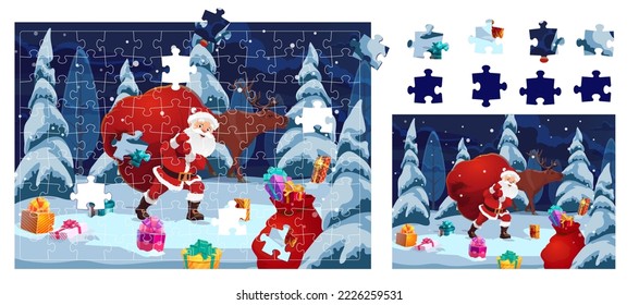 Piezas de juego de rompecabezas de Navidad, dibujos animados de Santa con regalos, juego vectorial de vacaciones de invierno. Visera de rompecabezas de Navidad para los niños actividad de encontrar piezas para recolectar fotos con Santa y reno