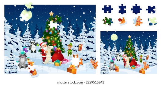 Christmas jigsaw puzzle game pieces, holiday landscape with cartoon santa and animal characters. Vector logic quiz worksheet find detail that fell out of picture with xmas personages in night forest