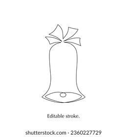 Christmas jingle bell hand draw one single line. Vector stock illustration isolated on white background for design template winter greeting card, banner for sale. Editable stroke. EPS10