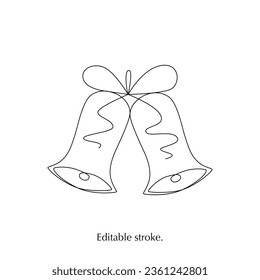 Christmas jingle bell hand draw one single line. Vector stock illustration isolated on white background for design template winter greeting card, banner for sale. Editable stroke. EPS10
