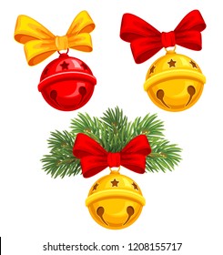 Christmas jingle bells with bow and fir tree branches. Red and golden in the set. Vector illustration. Isolated on white background. 