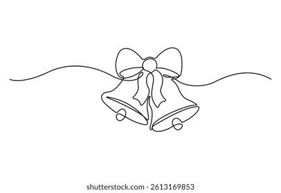 Christmas jingle bells hand draw one single line banner. Vector stock illustration isolated on white background.