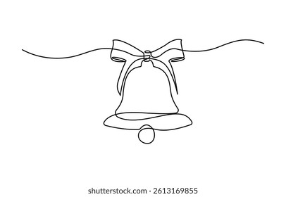 Christmas jingle bells hand draw one single line banner. Vector stock illustration isolated on white background.