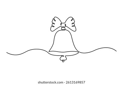 Christmas jingle bells hand draw one single line banner. Vector stock illustration isolated on white background.