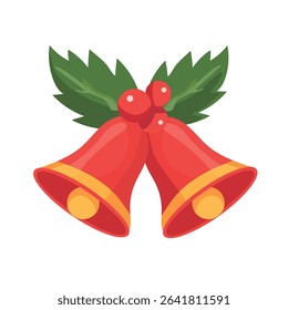Christmas jingle bells with Ilex branches. Flat vector clipart, illustration with isolated background.