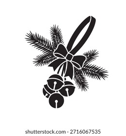 Weihnachtsjingelglocken mit Kiefernzweigen und Schleifenbogen Silhouette, Weihnachtsschmuck, Vektorgrafik einzeln auf weißem Hintergrund.