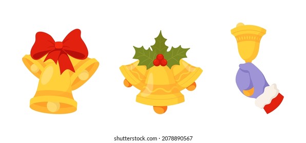 Christmas Jingle Bells with Red Ribbon, Holly Berry Foliage, Santa Hand Ring the Bell. Xmas Holidays Decor, Design Element for Greeting Card Isolated on White Background. Cartoon Vector Illustration