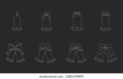 Christmas jingle bells set hand draw one single line banner. Vector stock illustration isolated on black background for design template winter greeting card, banner for sale. Editable stroke. EPS10