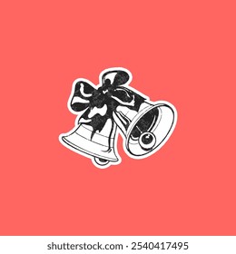 Christmas jingle bells toy with bow noise effect vector design. Traditional festive New year holiday decoration. Vintage stipple black dots texture. Y2K 90s graininess style sticker