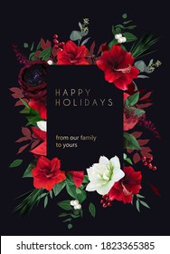 Christmas joy black floral vector frame. Red amaryllis, poinsettia,green fir branch, holly, mistletoe, burgundy ranunculus, berry, winter greenery. Merry Christmas template card. Isolated and editable