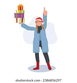 Christmas Joy concept. Happy Woman in Winter Attire with Gift Boxes is doing thumb up