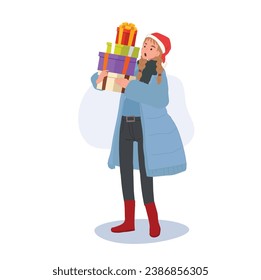 Christmas Joy concept. Happy Woman in Winter Attire with Gift Boxes