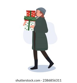 Christmas Joy concept. Happy Woman in Winter Attire with Gift Boxes