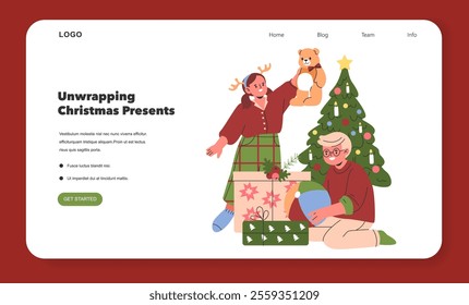 Christmas joy with family unwrapping presents under a festive tree. Siblings share a moment of holiday excitement with gifts. Vector illustration.