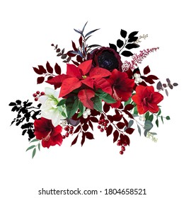 Christmas joy floral vector bouquet. Red and white amaryllis, poinsettia, green, burgundy branch, holly, mistletoe, berry, winter greenery. Merry Christmas flowers arrangement. Isolated and editable