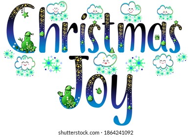 Christmas Joy label. Christmas greeting card element. Xmas sticker using emoticons. Winter night sky gradient characters. Glitter stars and sparkling pattern snow. Vector illustration for journals.