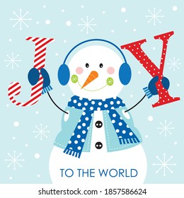 Christmas joy and snowman for greeting card or gift bag and box design