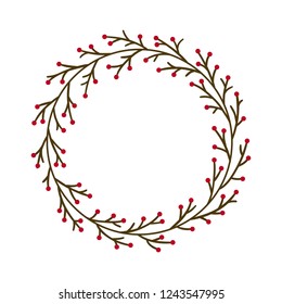 Christmas JOY wreath. Hand drawn vector round frame for invitations, postcards, greeting cards, quotes, logos, posters and more. Vector illustration isolated on white background