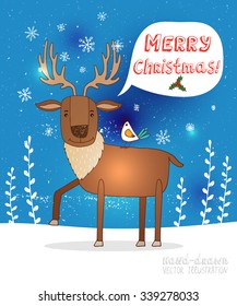 Christmas joyful deer on a postcard with a beautiful winter landscape