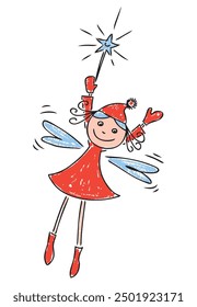 Christmas joyful elf girl, cartoon cheerful smiling flying fairy with magic wand, vector outline hand drawn illustration isolated on white