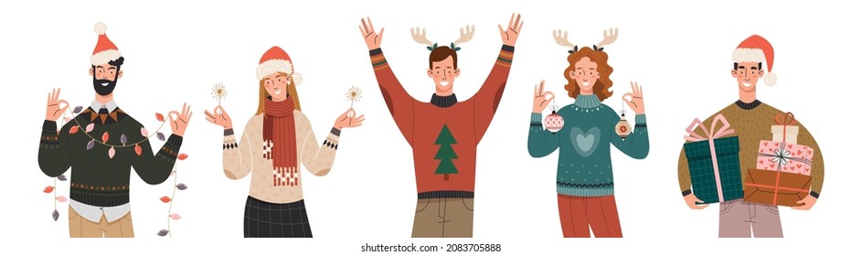 Christmas joyful people in winter clothes are preparing for the New Year and Christmas. Isolated people on a white background.