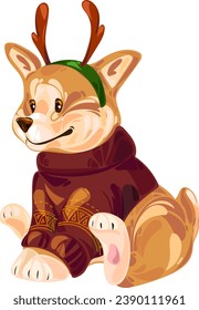 Christmas joyful puppy Welsh corgi Pembroke with a hat in the form of deer antlers sitting