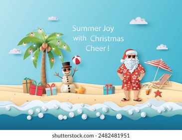 Christmas in July A, festive illustration combining summer and Christmas vibes. Featuring Santa Claus in a Hawaiian shirt, a decorated palm tree, a sand snowman, and beach elements like gifts.