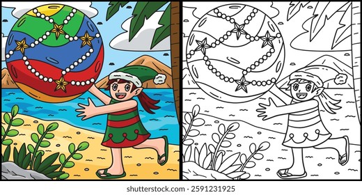 Christmas in July Elf with Beach Ball Illustration
