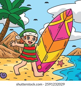 Christmas in July Elf and Surfboard Colored 