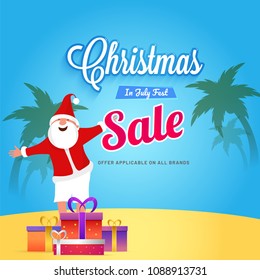 Christmas in July Fest, poster, banner or flyer design with Happy Santa chilling on beach, with gift boxes.