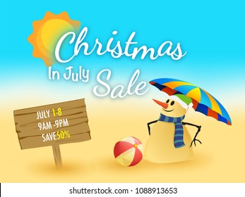 Christmas in july fest, sale banner, poster or flyer design with snowman holding umbrella in a sunny day.