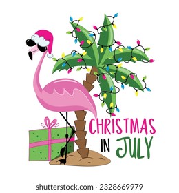 Christmas in July - Flamingo in Santa's hat. Palm tree decorated with Christmas lights garland,  isolated on white background. Good for greeting card, poster, banner textile print, and other.