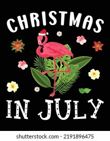 Christmas in July Happy summer shirt print template, Flamingo tropical Santa's hat vector 