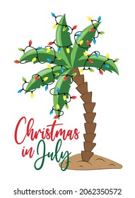 Christmas In July - Palm Tree Decorated With Christmas Lights Garland,  Isolated On White Background. Good For Greeting Card, Poster, Banner Textile Print, And Other Gifts Design.