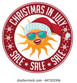 Christmas in July Sale sun wearing a Santa hat stamp. EPS 10 vector.