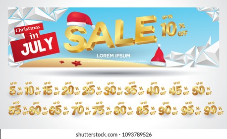 Christmas in july sale tags set vector badges template, 10 off, 20 %, 30, 40, 50, 60, 70, 45, 35, 15, percent sale label symbols, discount promotion 3 dimension geometric , Promo tag discount offer