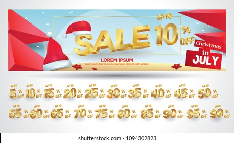 Christmas in july sale tags set vector badges template, 10 off, 20 %, 30, 40, 50, 60, 70, 45, 35, 15, percent sale label symbols, discount promotion 3 dimension geometric , Promo tag discount offer