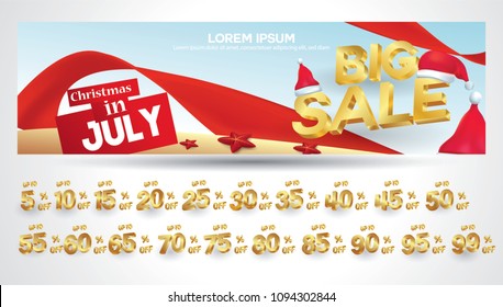 Christmas in july sale tags set vector badges template, 10 off, 20 %, 30, 40, 50, 60, 70, 45, 35, 15, percent sale label symbols, discount promotion 3 dimension geometric , Promo tag discount offer
