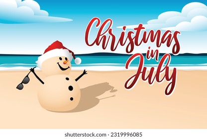 Christmas in July sale template design with a sandy snowman on a beautiful beach, vector illustration