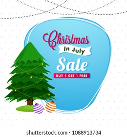 Christmas in July Sale with Xmas tree, and  christmas balls on blue and white background, with Buy 1 and Get 1 Offers. 